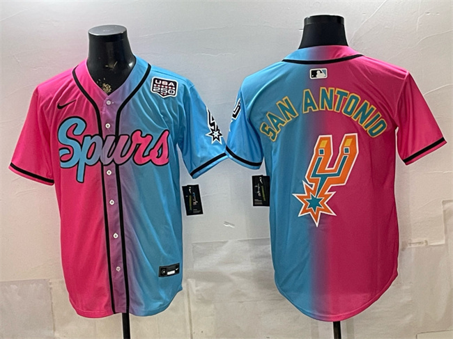 Men's San Antonio Spurs Team Big Logo Pink/Blue USA 250' Patch Stitched Baseball Jersey Men's San Antonio Spurs Team Big Logo Pink/Blue USA 250' Patch Stitched Baseball Jersey
